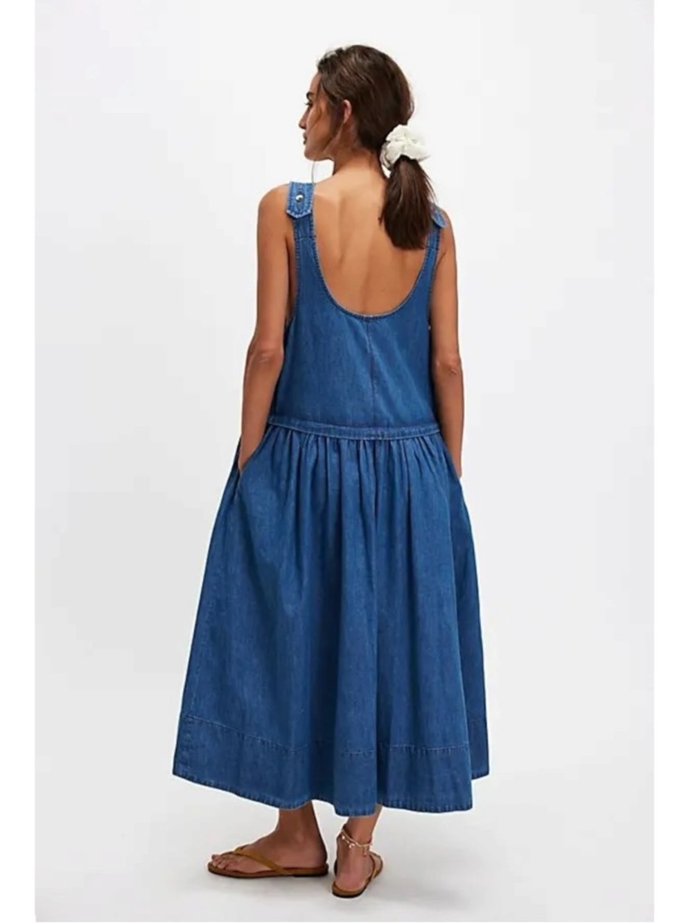 Free People Retro 90s Soraya Light Denim Sky Drop Waist Midi Jumper Dress Large - Picture 6 of 14